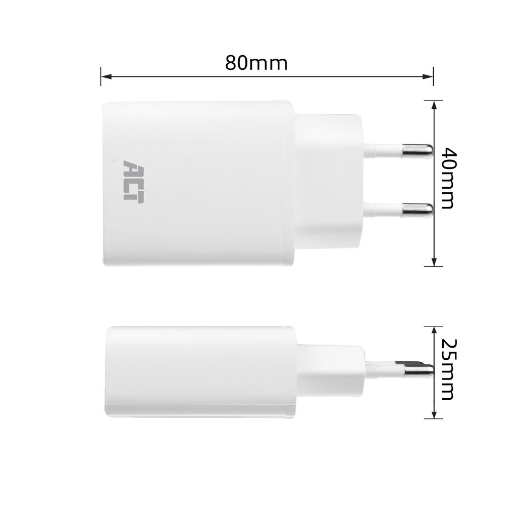 White wall charger with European two-pin plug, shown with dimensions: 80 mm long and 40 mm tall (front view). A side view shows a 25 mm depth.
