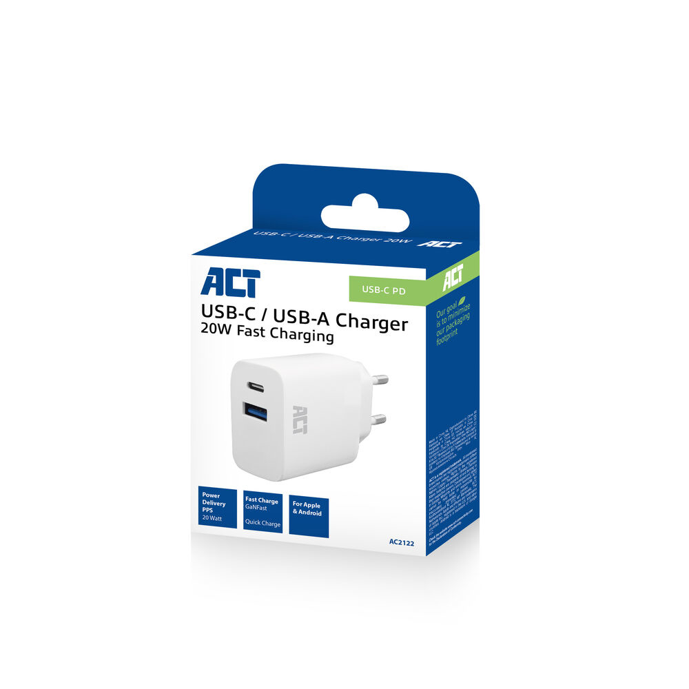 ACT USB-C & USB-A lader 20W met Power Delivery PPS, Quick Charge, GaNFast