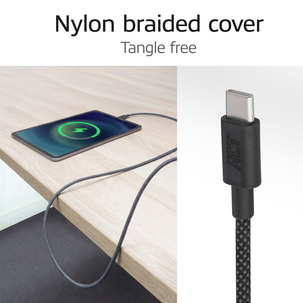 ACT USB 2.0 60W laad- en datakabel USB-C naar USB-C, zwart, 1 meter