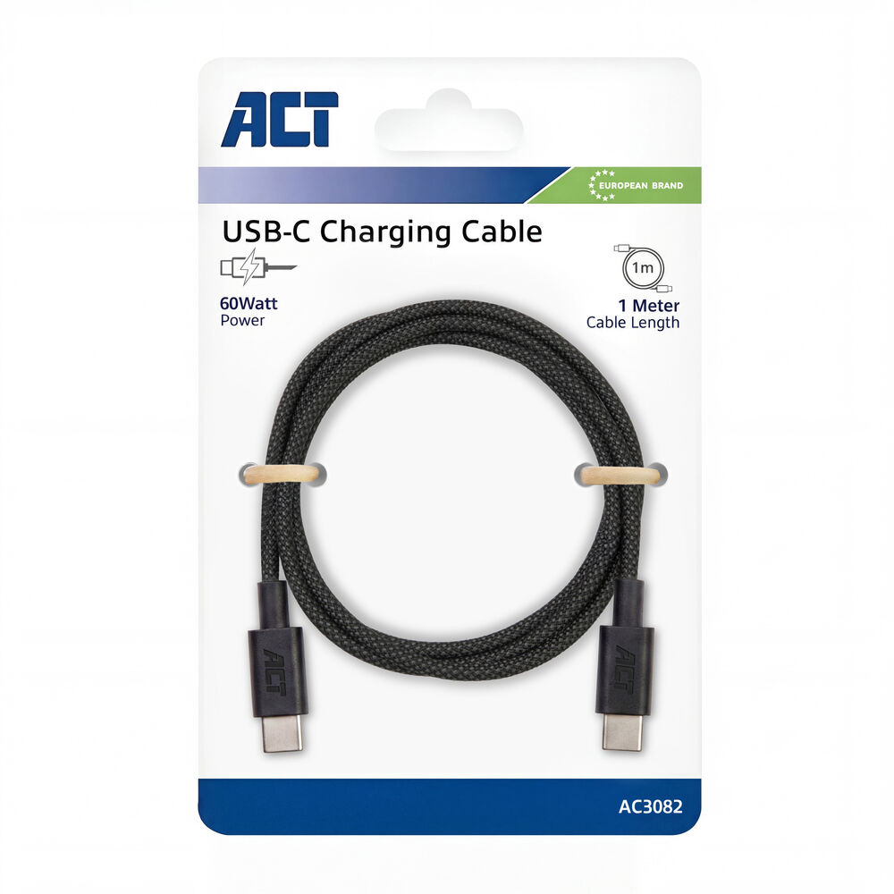 ACT USB 2.0 60W laad- en datakabel USB-C naar USB-C, zwart, 1 meter